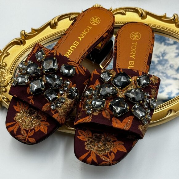 🆕 TORY BURCH 🧿 NWOT Martine 25mm Slide, Burgundy & Gold Jacquard, Sz 7 - Picture 14 of 16
